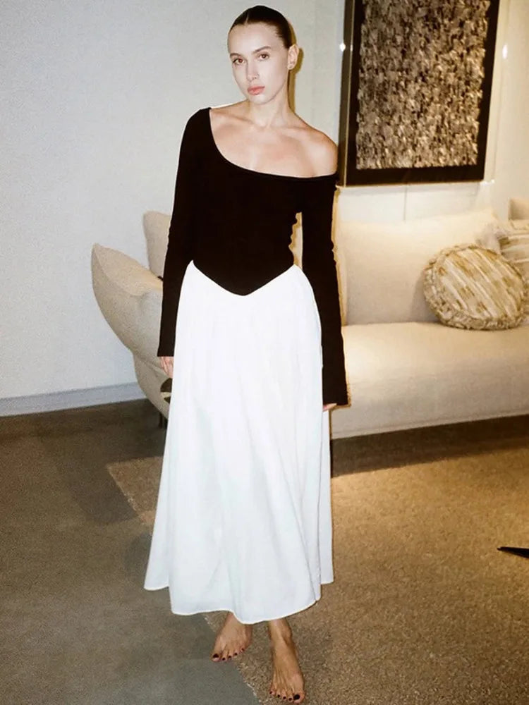 Patchwork Long Sleeve Sexy Maxi Dress Women Fashion Autumn Winter Contrast Color O Neck Pleated Club Party Long Dresses
