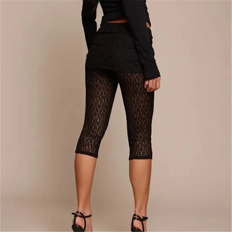 Women Lace Cropped Leggings with Skirt Overlay See Through Mesh Capri Pants High Waist Ruched Summer Casual Streetwear
