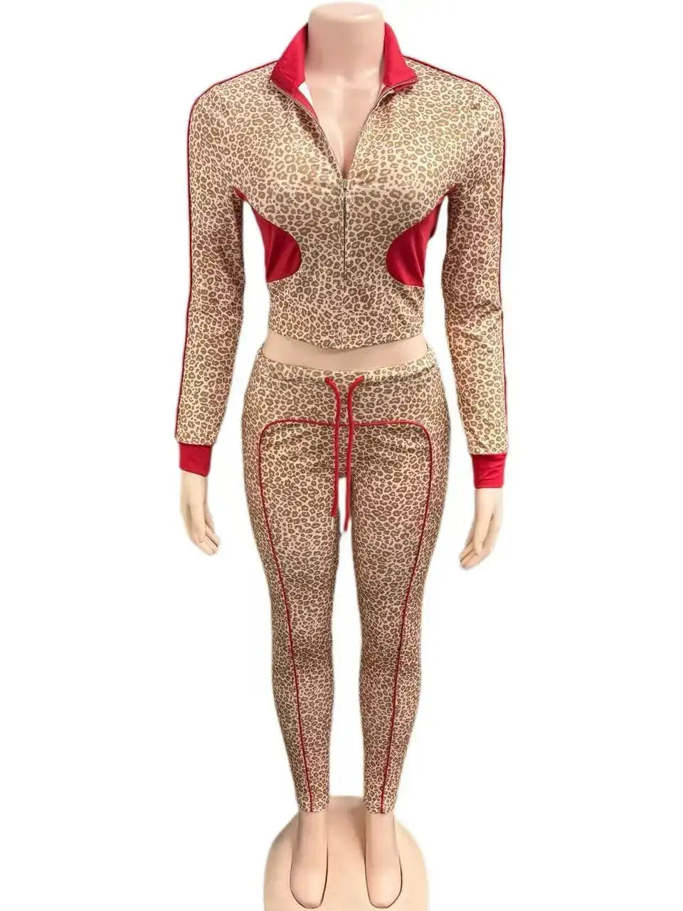 Patchwork 2 Piece Set Women Tracksuit Leopard Print  Crop Jacket+Leggings Matching Casual Activity Stretch Streetwear