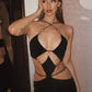 Strapless Metal Ring Cut Out Maxi Dress Women Black Halter Low Cut Backless Hollow Out Bodycon Sexy Party Long Dress