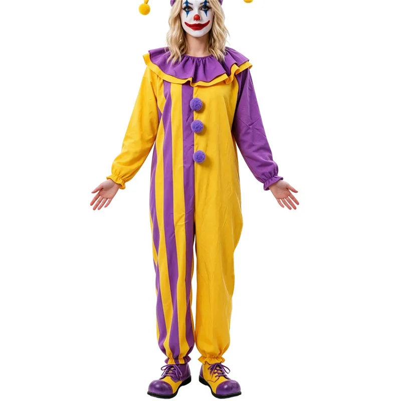 Adult Circus Clown Cosplay Costume Striped Long Sleeve Loose Jumpsuit Ruffled Collar Carnival Fancy Dress