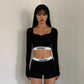Comfy Two Piece Set Long Sleeve Crop Top and Shorts Grey Black Ribbed Knit Fall Winter Outfits Lounge Wear