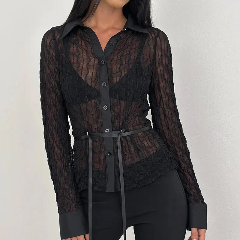 Women Y2K Shirt Long Sleeve Shirts Blouse Button-down Stripes Fall Spring Sheer See Through Tops Vintage Streetwear
