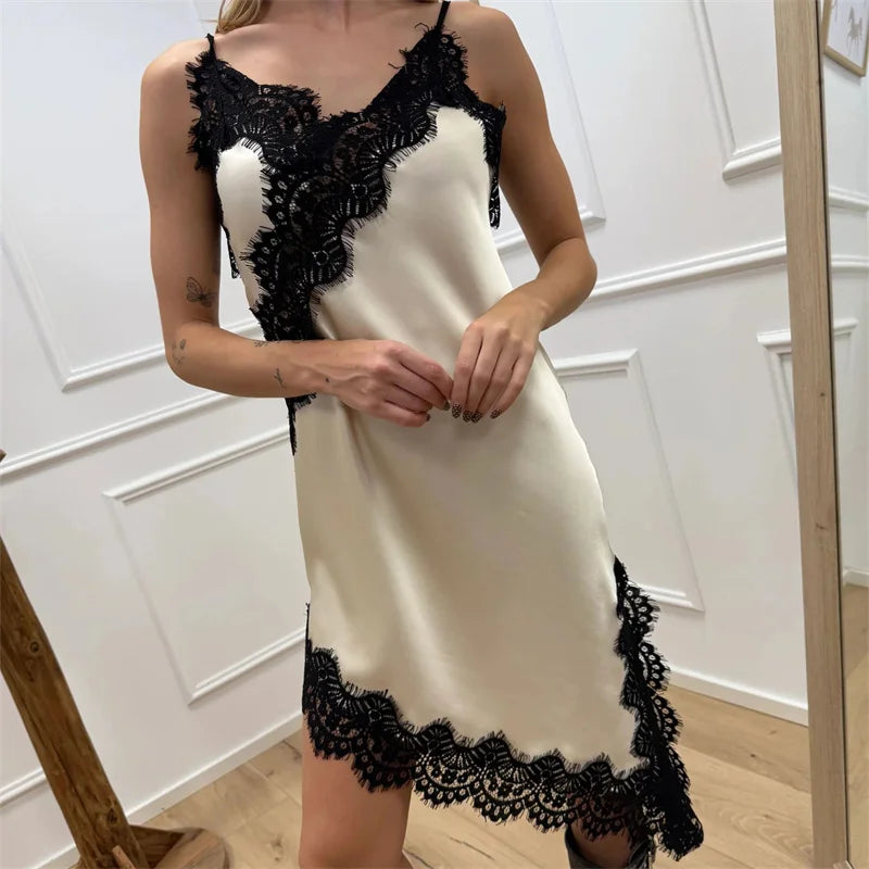 Sleeveless Spaghetti Strap V Neck Lace Patchwork Satin Dress Women's Midi Cami Dress Fashion Summer Party Club Dress