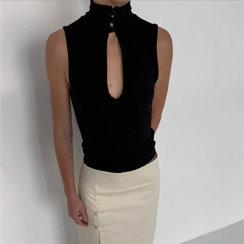 Keyhole Cutout Tops for Women Y2K Mandarin Collar Shirt Sexy Fitted Hollow Out Tank Summer Fashion Going Out Tops