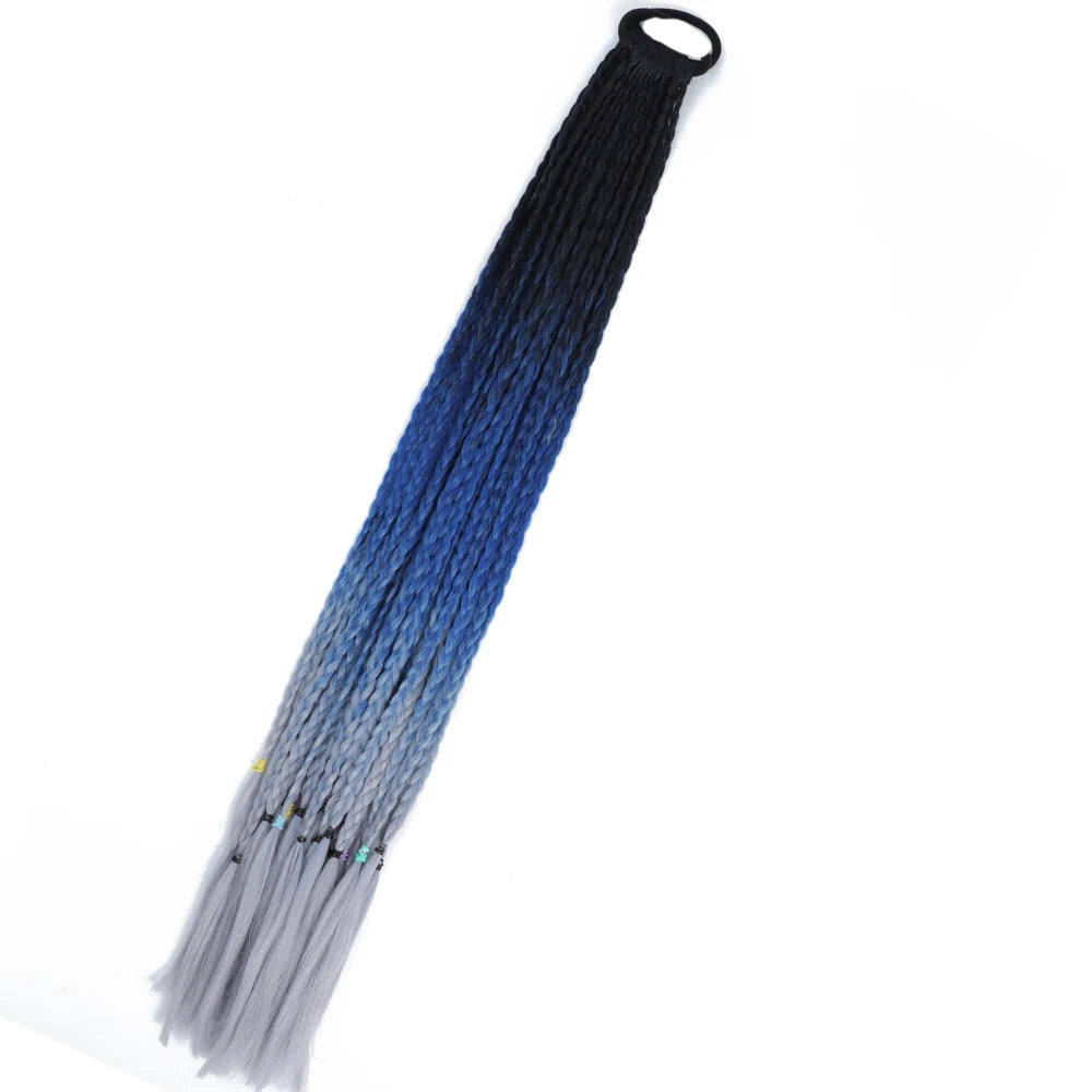 Synthetic 24inch Girls Colored Box Braided Ponytail With Elastic Rubber Band Hair Extensions Rainbow Color Box Pigtail Hairpiece