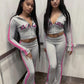 Sporty Stripes 2-Piece Set Women Zipper Letter Print Hooded Crop Tops+Pants Elasticity Fashion Autumn Casual Streetwear