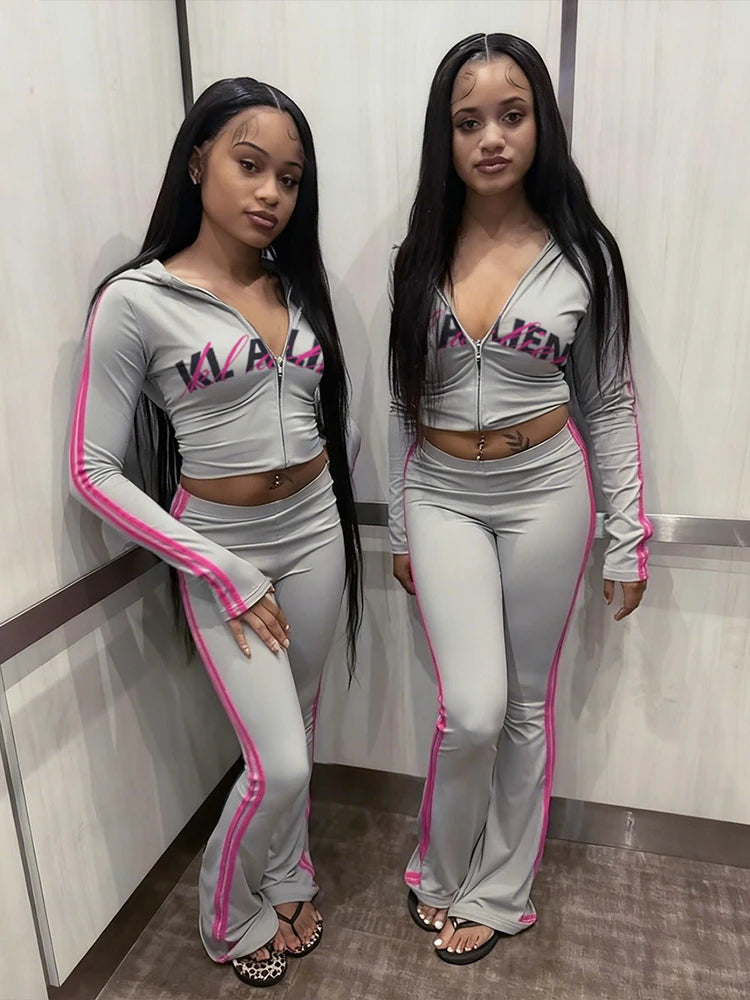 Sporty Stripes 2-Piece Set Women Zipper Letter Print Hooded Crop Tops+Pants Elasticity Fashion Autumn Casual Streetwear
