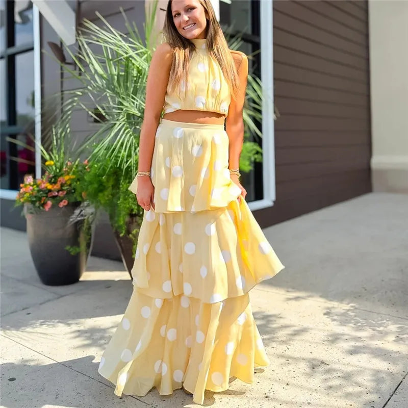 Vintage Polka Dot Halter Back Tie 2 Piece Matching Set Women Sleeveless Crop Top Tiered Layer Ruffle Long Skirt Summer