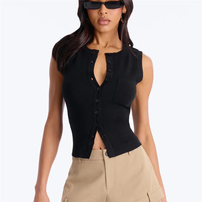Women Slim Waist Ribbed Knit Vest Sleeveless Crew Neck Single Breasted Pocket Crop Cardigan Solid Color Y2K Streetwear