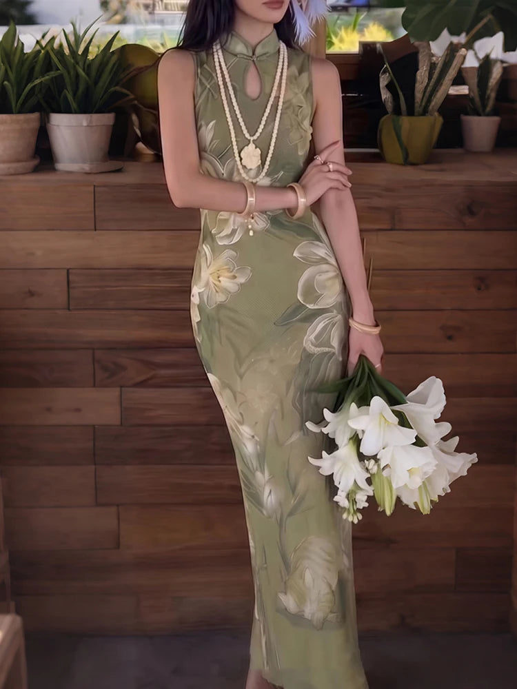 Hollow Maxi Dress Women Frog Button Stand-Up Collar Floral Print Sleeveless Classic Summer Elegant Chic Vestidos