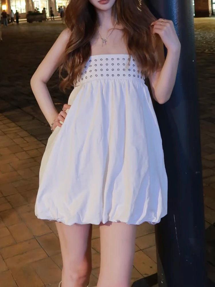 Fluffy Hem Chest Wrap Dress Women Round Stamp Print Sleeveless Simple Classic High Street Daily Chic Sexy Mini Bodycon