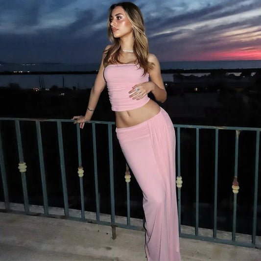 Pink Mesh Tube Top Long Skirt Suit Two Piece Set Woman Elegant Sexy Wedding Guest Outfit