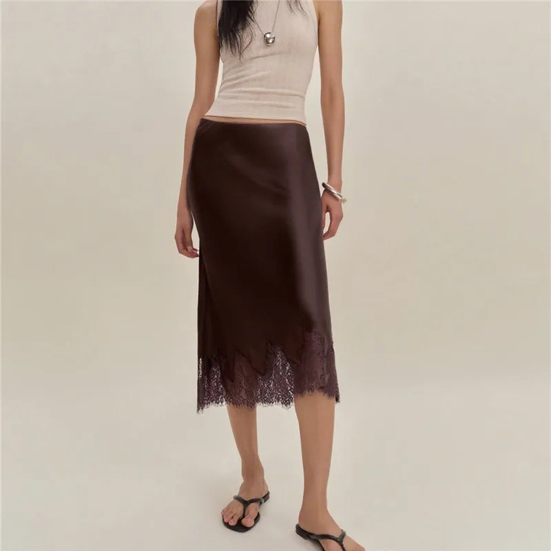 Women Silk Satin Half Slip Long Skirts Lace Patchwork Elastic Waist Long Skirt Elegant Silky Flowy A Line Midi Skirts