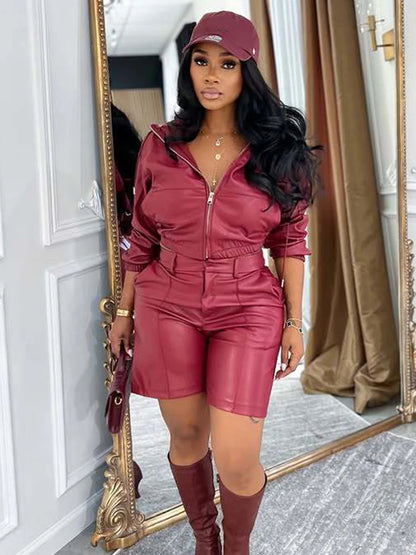 Simple Two-Piece Set Women Tracksuit Fall Zip Hooded Jacket+Shorts Matching Smooth Hipster Activity Streetwear Outfits