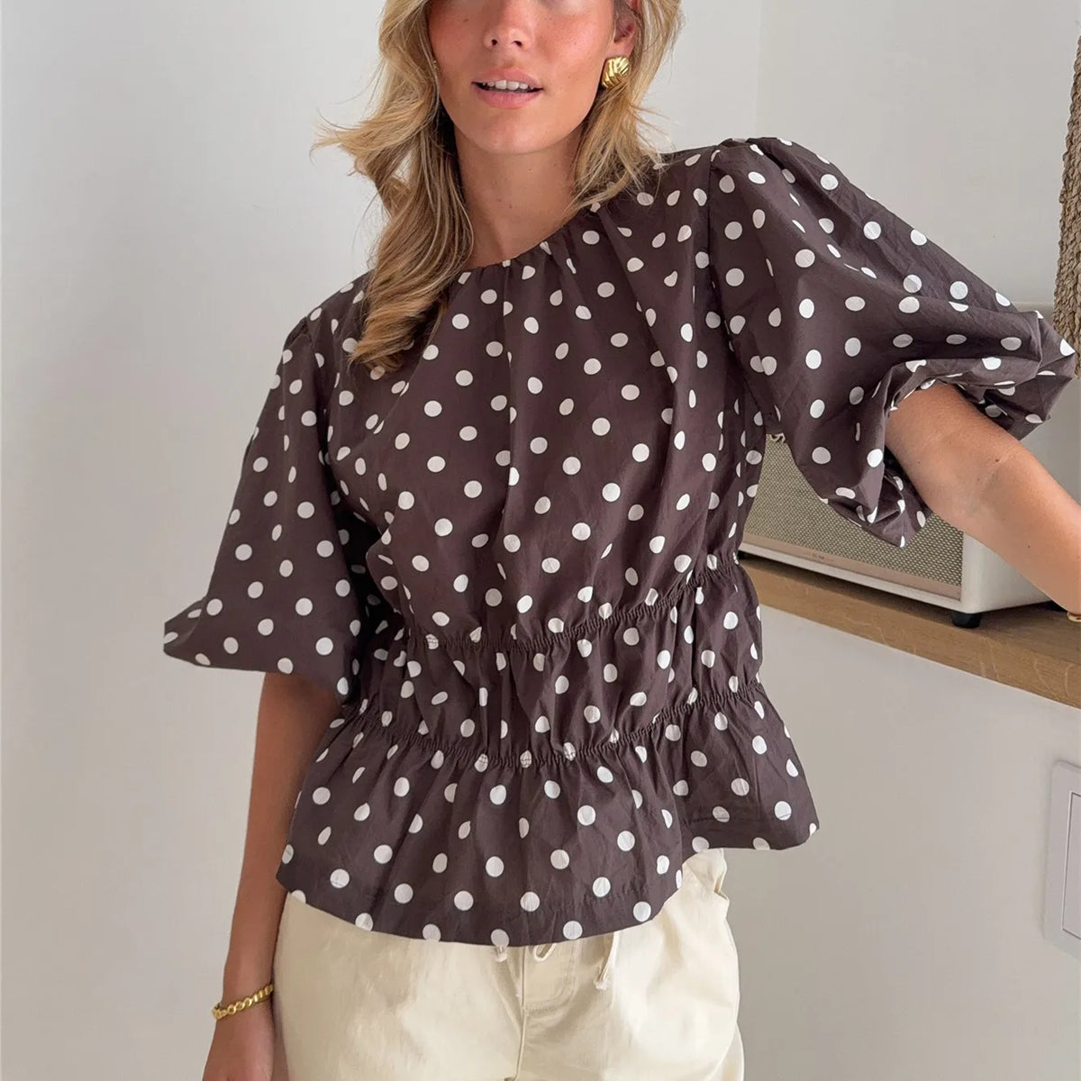 Women's Puff Sleeve T Shirt Tops Summer Fashion Dots Print Round Neck Cinched Waist Blouse for Casual Daily Wear