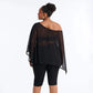 Off Shoulder 3 Piece Capri Set with Sheer Mesh Poncho Top Black Casual Outfits for Woman Fashionable Clothing
