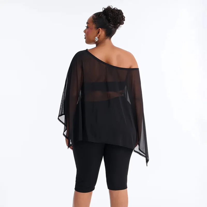 Off Shoulder 3 Piece Capri Set with Sheer Mesh Poncho Top Black Casual Outfits for Woman Fashionable Clothing