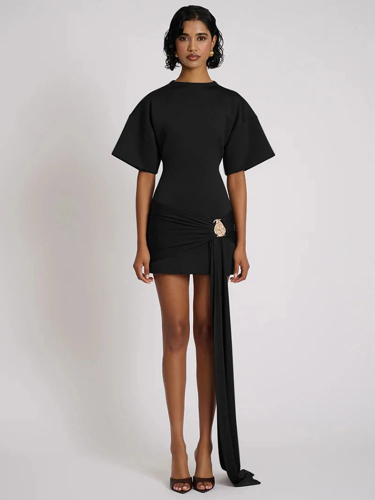 Fashion Short Sleeve Ruched Sexy Mini Dress Women Elegant Metal Decoration Solid O Neck High Waist Club Dresses New