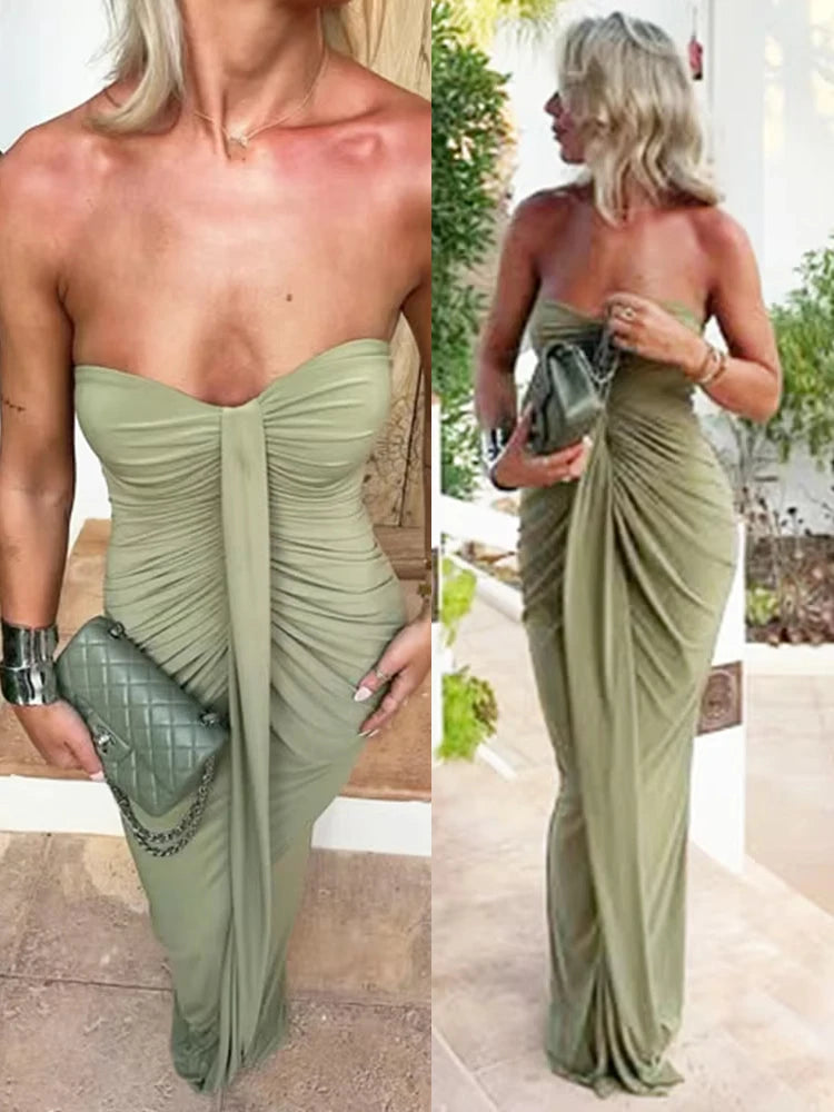 Strapless Dress Women Classic Patchwork Ribbon Ruched Sexy Elegant Birthday Party Skinny Stretch Clubwear Bodycon