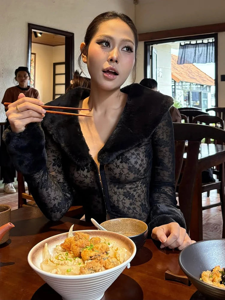 Faux Fur Collar Crop Tops Women Single-Breasted Patchwork Jacquard Full Sleeve Sexy Autumn Trend Midnight Street Tees