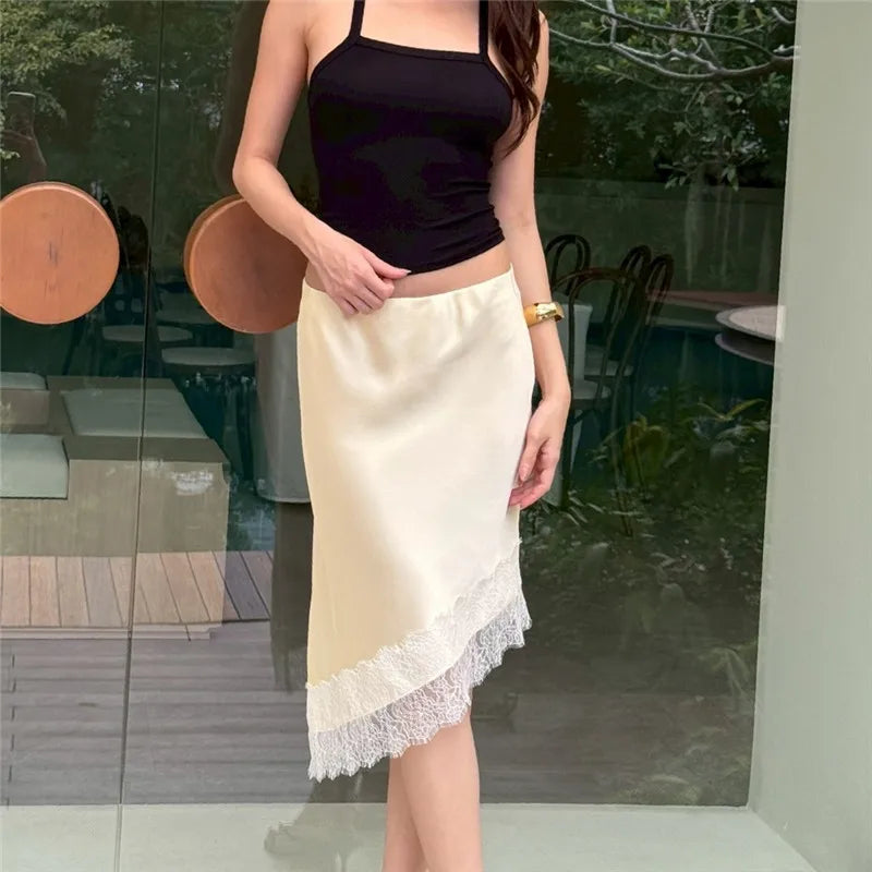 Elegant Women Midi Skirt Y2K Vintage Low Waist Skirt Solid Lace Trim Irregular Summer Spring Skirts Casual Streetwear