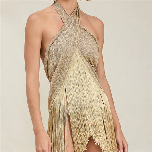 Sexy Fringe Halter Top/Wrap Skirt 2-in-1 Convertible Cover-Up Women Two Ways To Wear For Summer Beach Party Clubwear