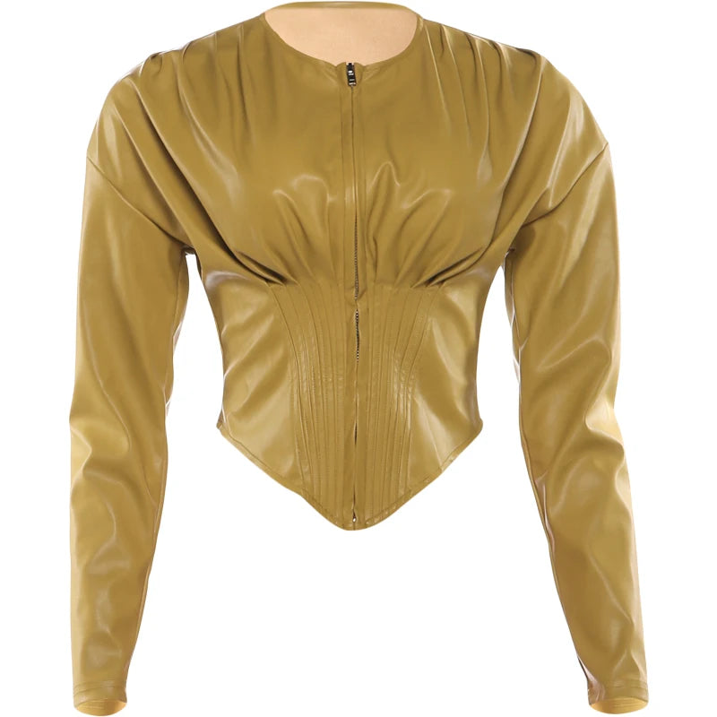 Luxury PU Crop Jacket Women Irregular Waist-Cinch Spring Wild Zip Full Sleeve Streetwear Office Lady Classic Coat