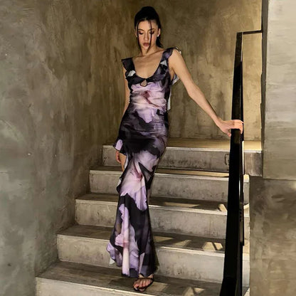 Sexy Ruffles Backless Split Long Dresses for Women Elegant Purple Orange Floral Dress Holiday Party Outfits