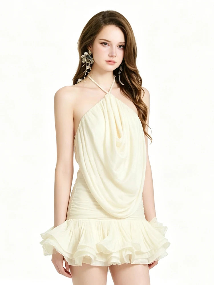 Sweet Tierred Dress Women Fashion Sexy Simple Halter Backless Sleeveless Ruched Patchwork Elegant Party Club Mini Bodycon