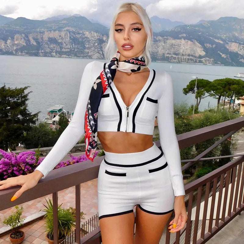 Black and White Patchwork 2 Piece Sets Women Outfit Elegant Old Money Style Zip Up Long Sleeve Top and Shorts