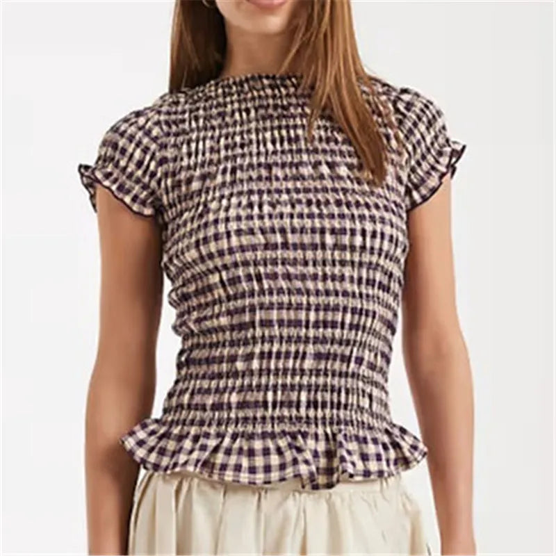 Women Gingham Plaid Smocked Blouse Short Sleeve Ruffle Trim Crew Neck Slim Fit Top Cottage Y2K Casual Summer Streetwear