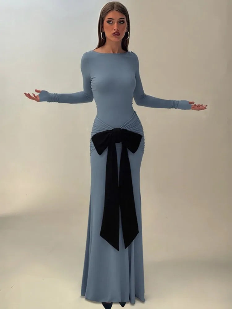 Long Sleeve Ruched Bow Sexy Maxi Dress For Women Autumn Fashion Patchwork O Neck Bodycon Club Party Long Dresses Female