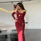 3d Flower Buckle Off The Shoulder Long Sleeve Evening Dress Women Elegant Sexy Birthday Dinner Outfit