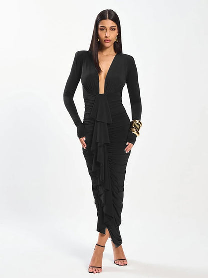 Ruched Ruffles Maxi Dress Deep V-Neck Full Sleeve Elegant Sexy Stretch Skinny Birthday Evening Cocktail Party Bodycon