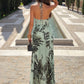 Summer Tiger Print 2-Piece Set Women Halter Bandage Swing Collar Backless Vest+Folds Tassel Long Skirt Fashion Party Suit