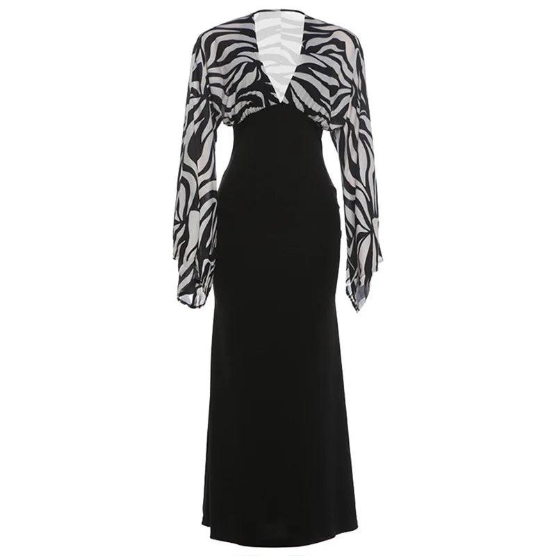 Black and White Zebra-print Flare Sleeve Deep V Neck Maxi Dress Wedding Guest Elegant Evening Dresses 2026