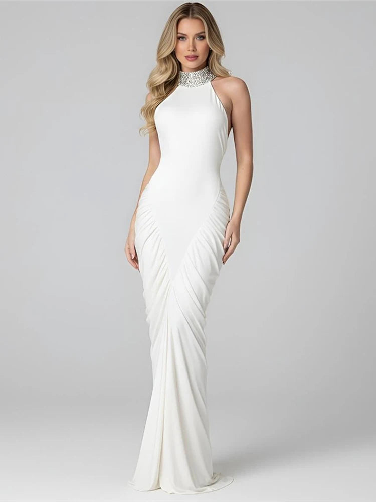 Button Stripe Turtleneck Maxi Dress Women Backless Folds High Split Sleeveless Elegant Fashion Banquet Chic Vestidos