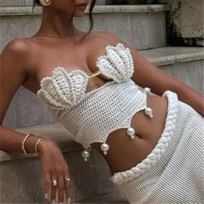 Sexy Pearls Knit Tube Top Lady Chic Beach Sleeveless Hollow Out Slim Fit Short Tops Summer Women Holiday Beachwear