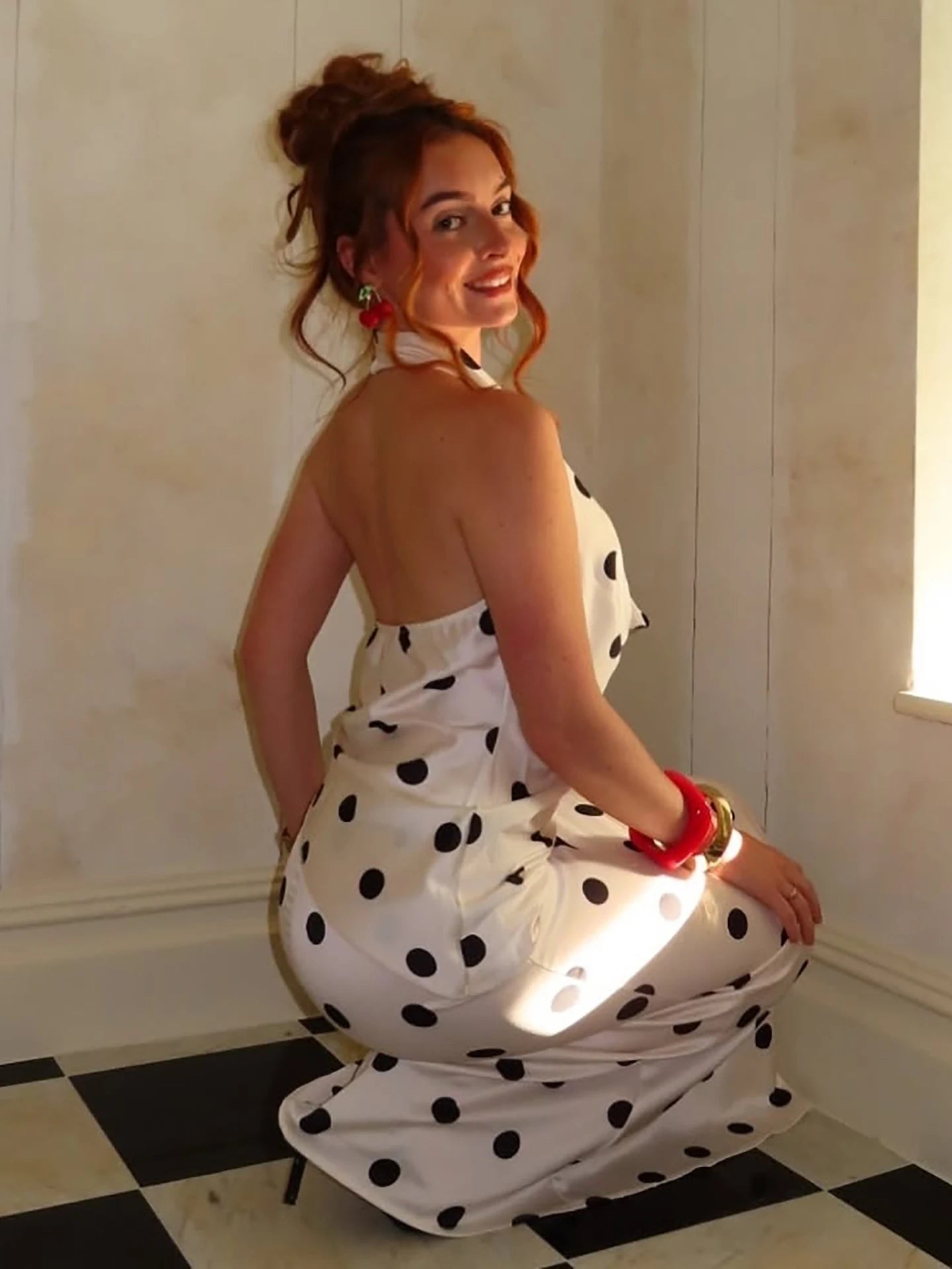Elegant Polka Dot Print 2 Piece Set Women Sexy Halter Backless Swing Collar Bandages Tank Top+Skirt Chic Party Suits