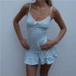Summer Women Striped Polka Dot Print Bodycon Mini Dress Lace Trim Spaghetti Strap Ruffle Hem Bow Y2K Coquette Dress