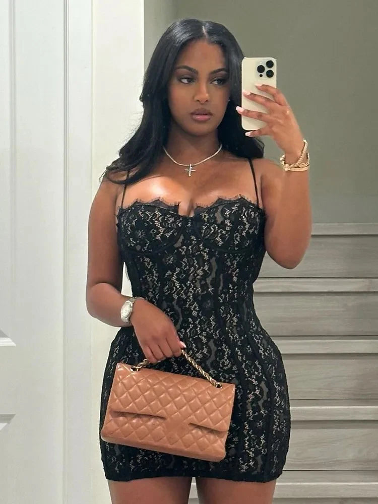Jacquard Double Deck Dress Party Women Y2K Sexy Lace Spaghetti Strap Body-Shaping Nighclub Summer Trend Mini Bodycon