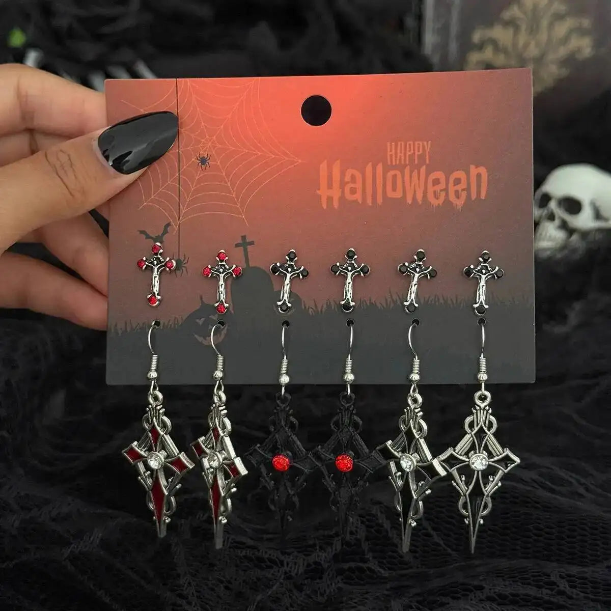 6Pairs/Set Women's Vintage Gothic Oil Dripping Cross Drop Earrings Punk 2025 Style Halloween Party Jewelry Accessories