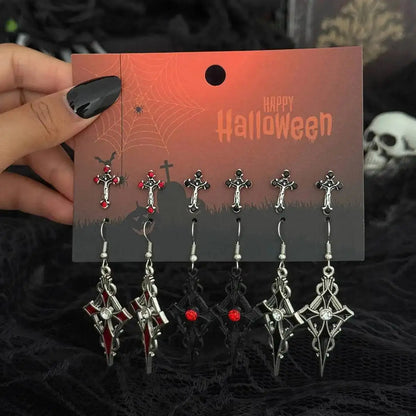6Pairs/Set Women's Vintage Gothic Oil Dripping Cross Drop Earrings Punk 2025 Style Halloween Party Jewelry Accessories