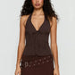 Retro Pinstripe Halter Neck Crop Top Women Deep V Tie Front Button Down Sleeveless Slim Fit Y2K Tank Vest Streetwear