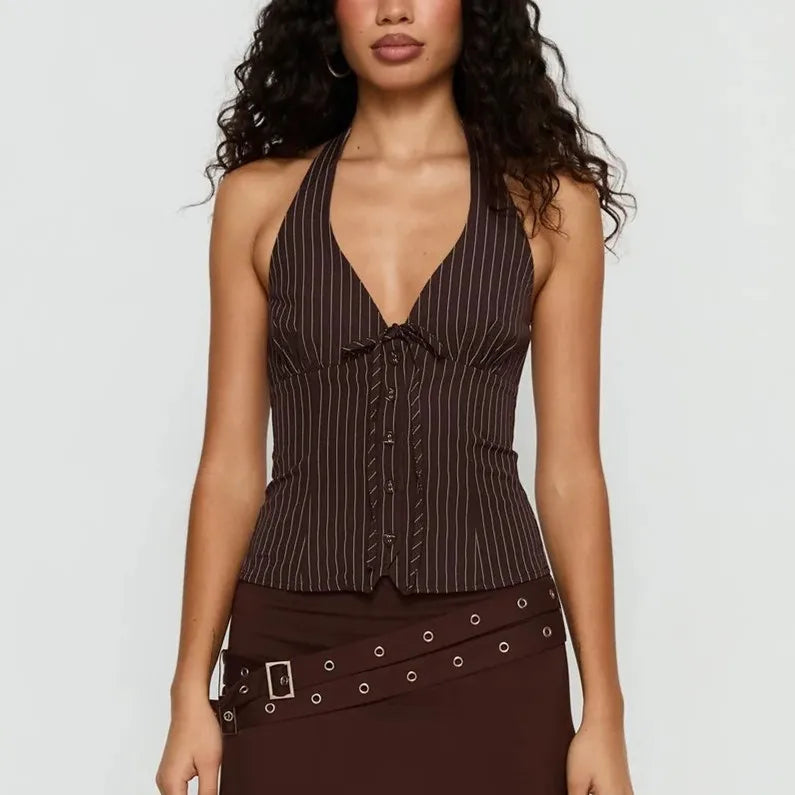 Retro Pinstripe Halter Neck Crop Top Women Deep V Tie Front Button Down Sleeveless Slim Fit Y2K Tank Vest Streetwear