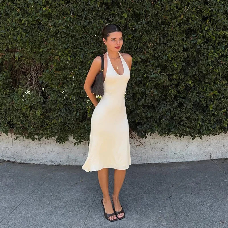 Halter Neck Open Back Midi Dresses for Woman Clothing Elegant Summer A Shape Dress C0-BH30