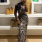 Zebra Stripe Print Sling Dress Woman Low-Neck Bandage Backless High Waist Robe Midnight Club Party Sexy Long Bodycon