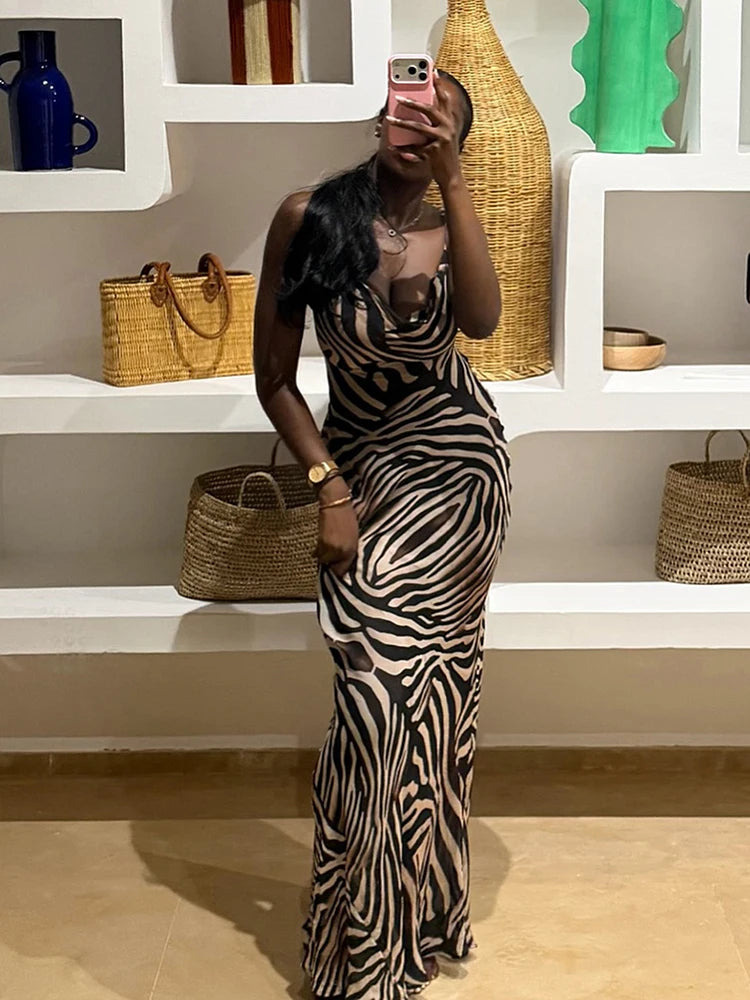Zebra Stripe Print Sling Dress Woman Low-Neck Bandage Backless High Waist Robe Midnight Club Party Sexy Long Bodycon