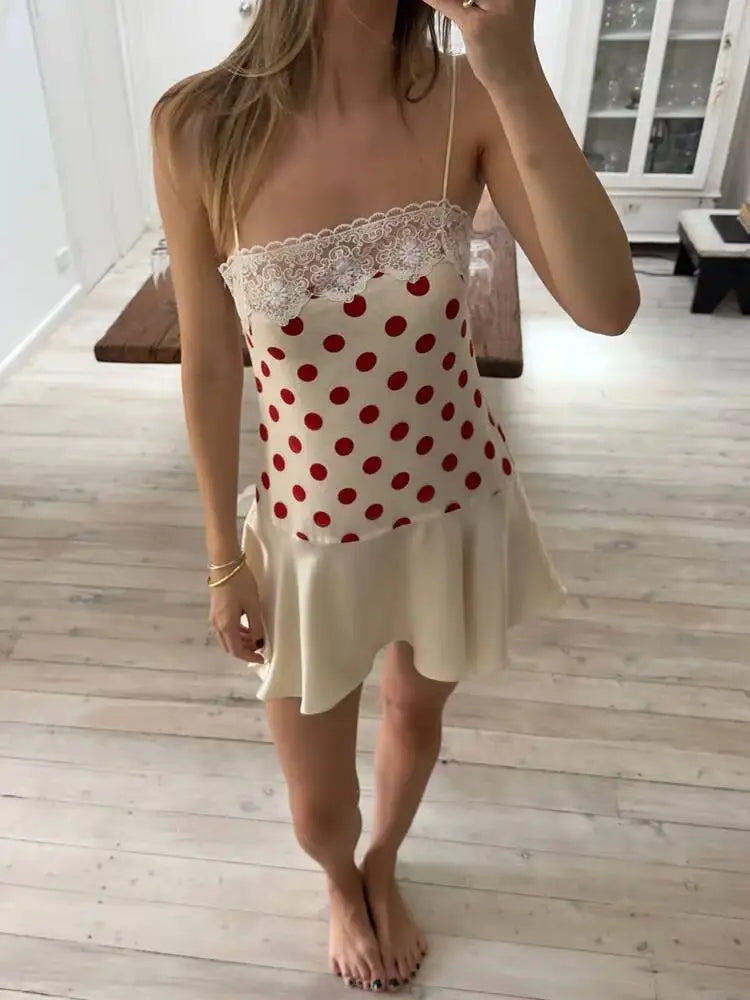 Red Polka Dot Sexy Mini Dress Women Summer Lace Satin Spaghetti Strap Sleeveless Backless Slim Fit Beach Club Dress